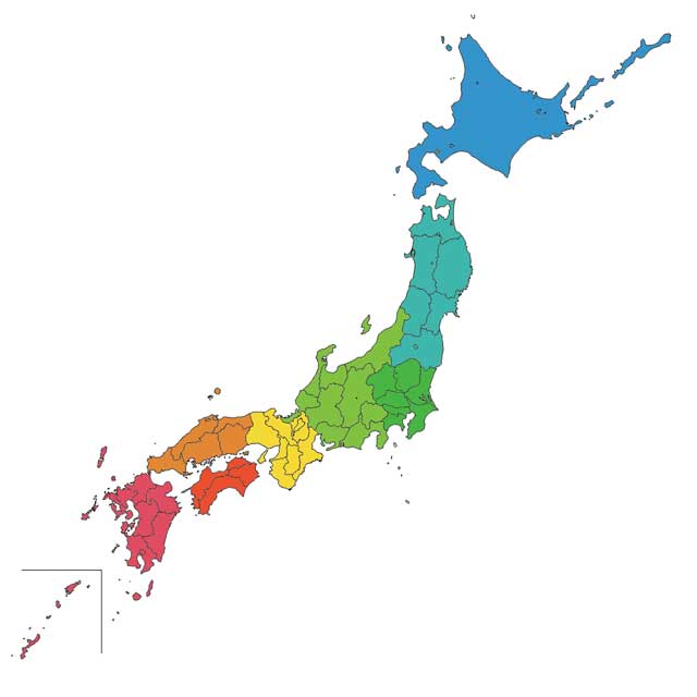 無料の日本地図イラスト素材 地方色分け(県境有)