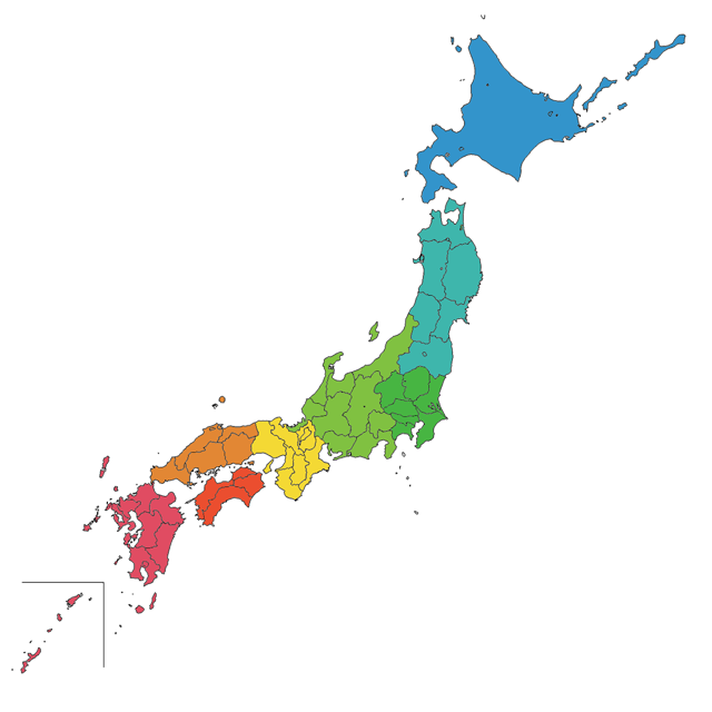 完全無料の日本地図イラスト集 地方色分け 県境有