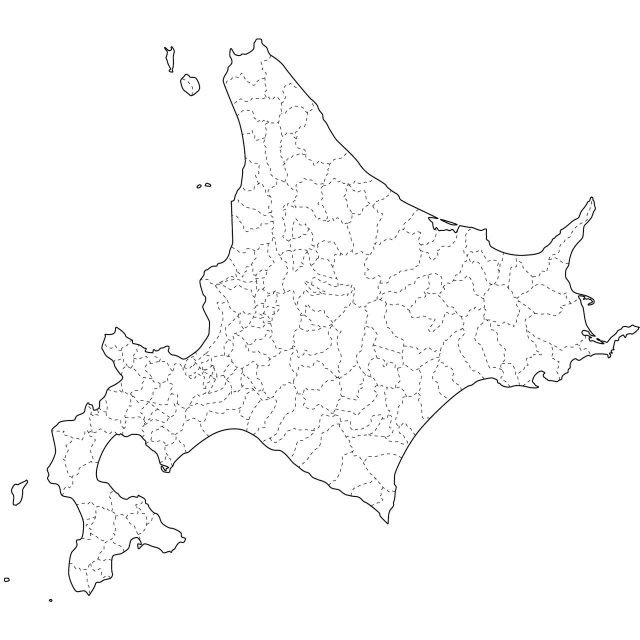 無料の日本地図イラスト集 北海道 白地図 市町村境も