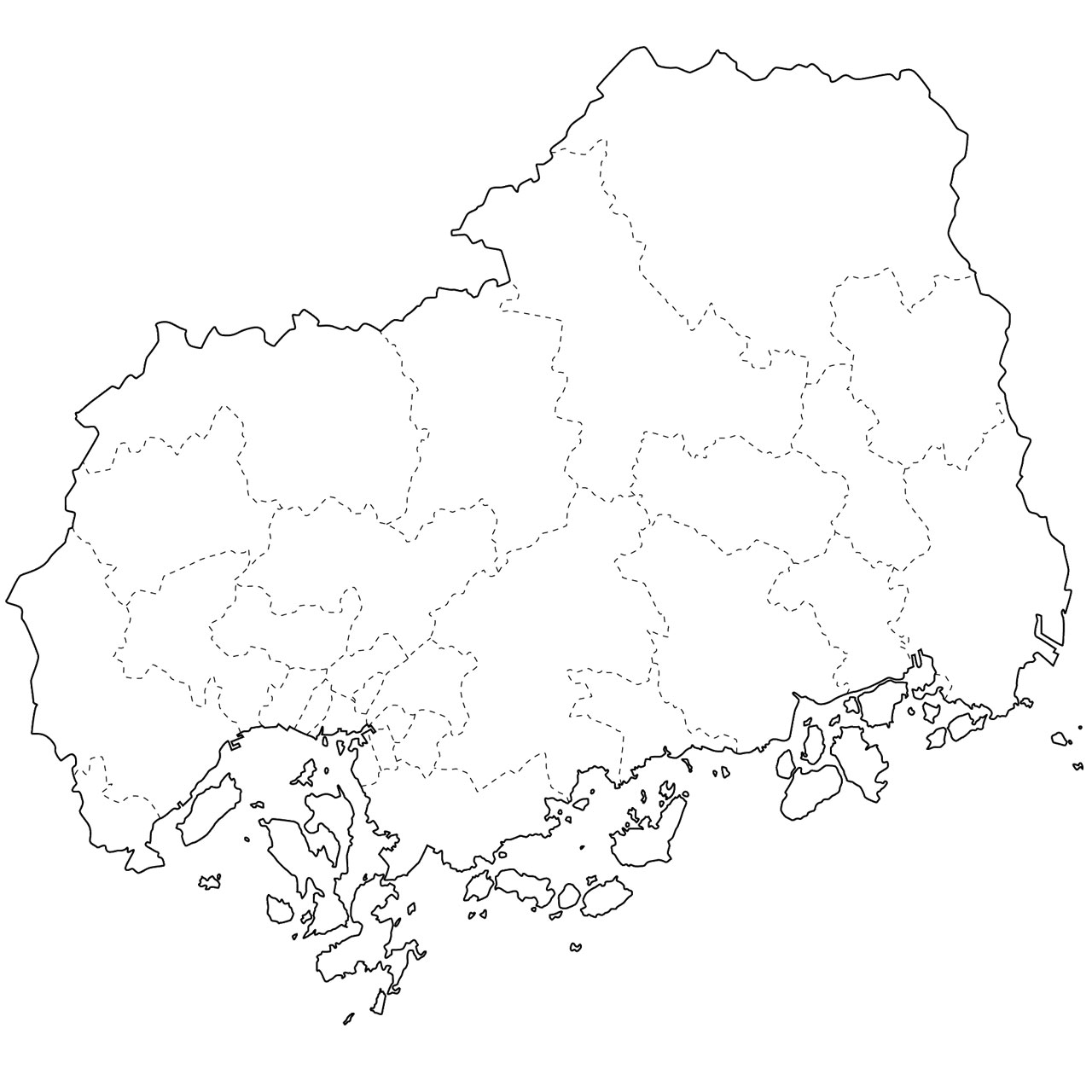 無料の日本地図イラスト集 広島県 白地図 市町村境も