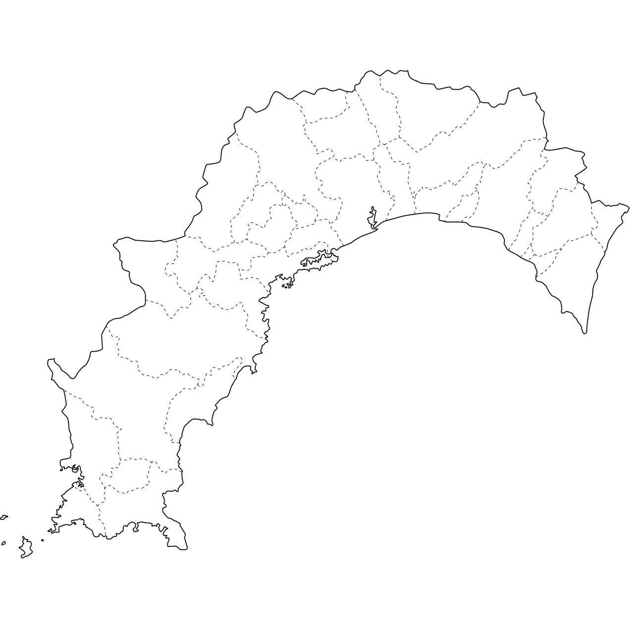 無料の日本地図イラスト集 高知県 白地図 市町村境も