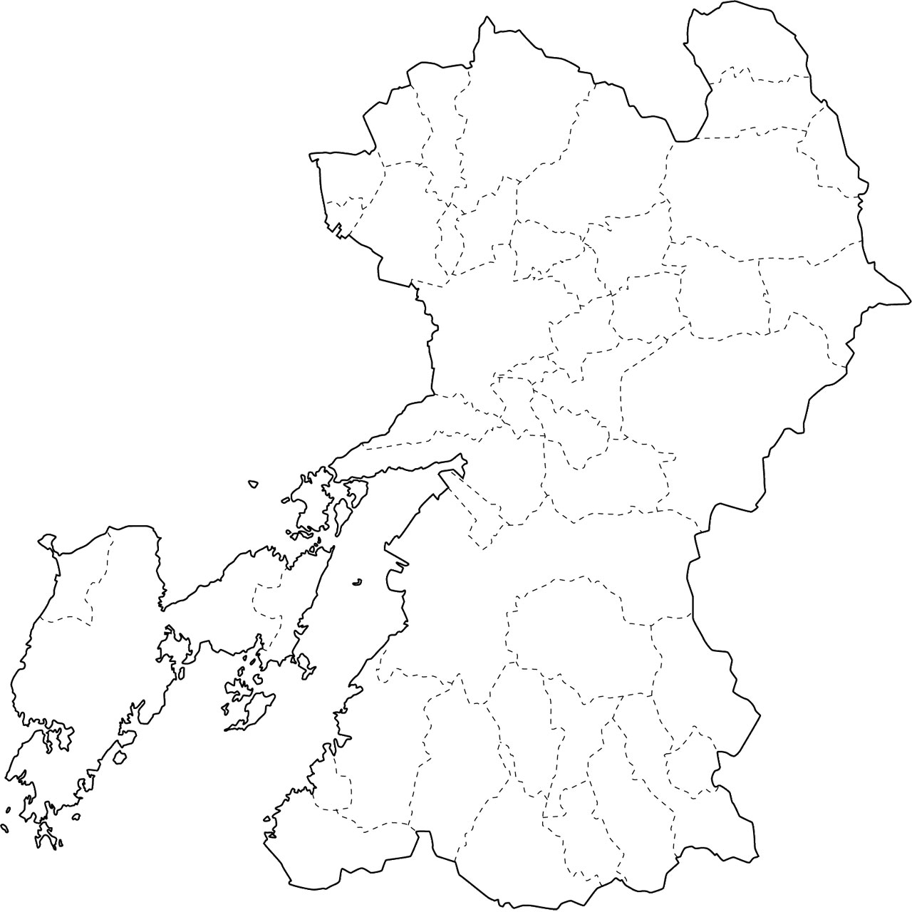 無料の日本地図イラスト集 熊本県 白地図 市町村境も